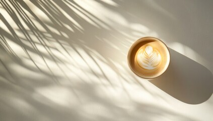 Latte art in a light beige disposable cup, bathed in sunlight, with palm frond shadows