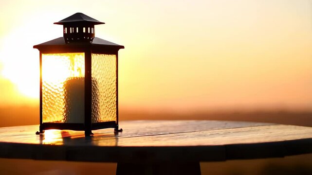 Serene Sunset Scene Lit Candle in Lantern on Wooden Table
