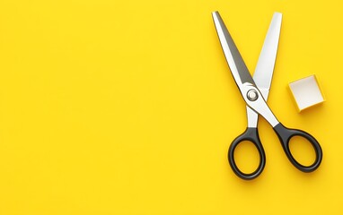 Sharp Scissors and Small Box on Yellow Background