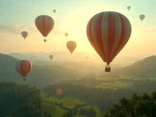 Naklejka premium Colorful Hot Air Balloons Over Fields: Multiple hot air balloons floating peacefully over colorful farmland at sunrise.