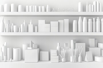 White shelves display a variety of blank, generic product packaging.  Clean and minimalist aesthetic