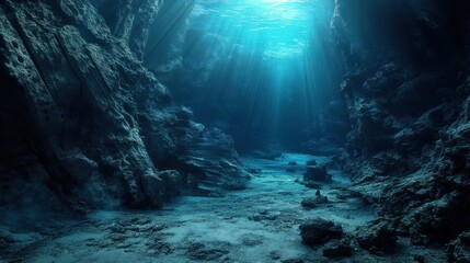 Mystical Underwater Canyon Illuminated by Sunbeams Piercing Through the Deep Ocean