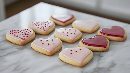 Heart-shaped cookies decorated with pink and red icing arranged on a table
