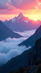 Layers of mist floating over jagged peaks at dawn, tranquil, mist