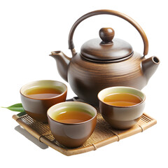 Asian tea concept, two cups and teapot, isolated on white background