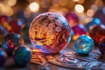 Ornate glass sphere nestled amongst colorful ornaments.  Intricate design within a clear sphere, highlighted by warm colors.  Bokeh effect highlights the ornaments