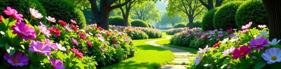 Naklejka premium Lush garden with blooming flowers and winding pathways, lush, nature, fairytale