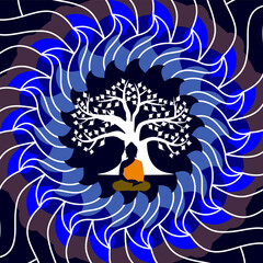  Buddha Meditating Under Bodhi Tree with Hypnotic Mandala – Psychedelic Spiritual Vector for Yoga and Mindfulness Themes