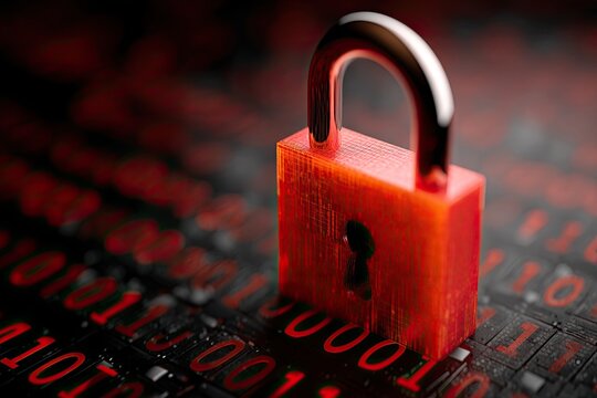 Red padlock on binary code background