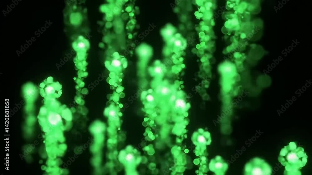 Poster a mesmerizing display of green light particles dancing in an ethereal black background, evoking a se