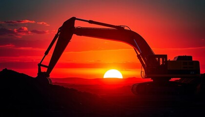 Massive excavator silhouetted against fiery sunset, digging, project, silhouette