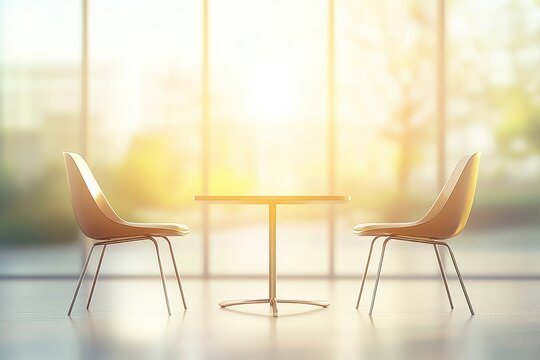 Modern meeting space with two chairs and a table.  Sunlight streams through large windows
