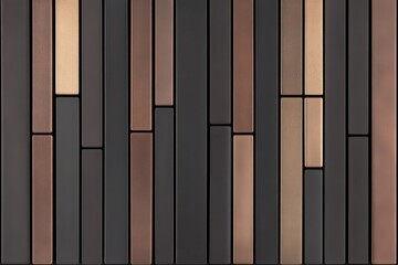 Modern metallic wall tiles in varying shades of copper and dark tones.  Detailed rectangular panels create a striking visual effect