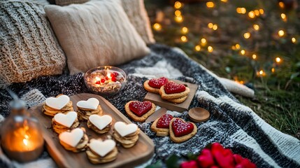Romantic picnic with a blanket spread out and heart-shaped snacks on display