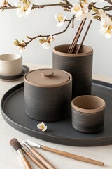 Set of dark and light ceramic containers with lids and chopsticks