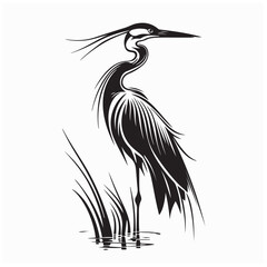 Elegant heron silhouette standing in a water pond with reeds image vector isolated on white background.
