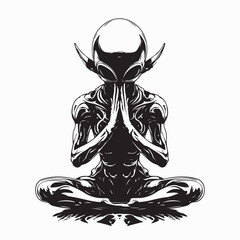 Alien Kneeling Down in Prayer, Seeking Forgiveness in a Celestial and Mysterious Scene