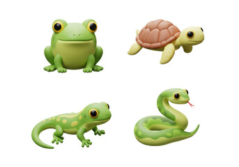 Fototapeta premium Playful Group of Cartoon Frogs, Turtles, and Snakes on a Transparent Background