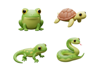 Playful Group of Cartoon Frogs, Turtles, and Snakes on a Transparent Background