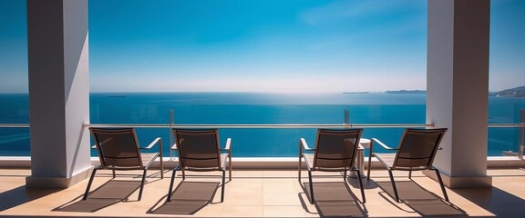 Fototapeta premium Oceanfront balcony,empty chairs, stunning sea view, nature, chairs