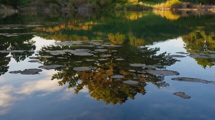 Serene Autumn Reflection Calm Water, Trees, and Sky Mirrored in a Still Pond