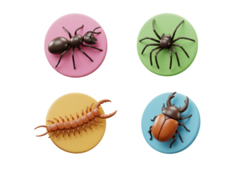 Realistic Toy Insects Set Featuring Ant Spider Centipede And Beetle On Colorful Circles