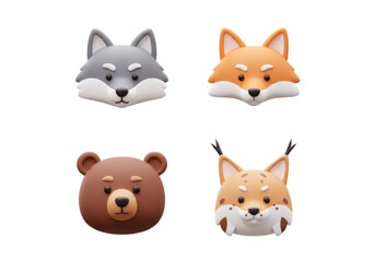 Obraz premium Stylized Animal Heads Featuring Cute Cartoon Wolf Fox Bear and Lynx With Colorful Design