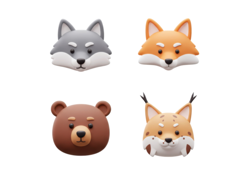 Stylized Animal Heads Featuring Cute Cartoon Wolf Fox Bear and Lynx With Colorful Design