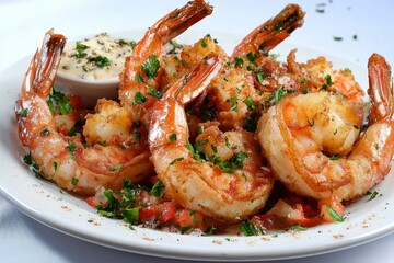 fried shrimp, complemented by fresh, vibrant ingredients and a professional presentation that highlights the dish's appeal