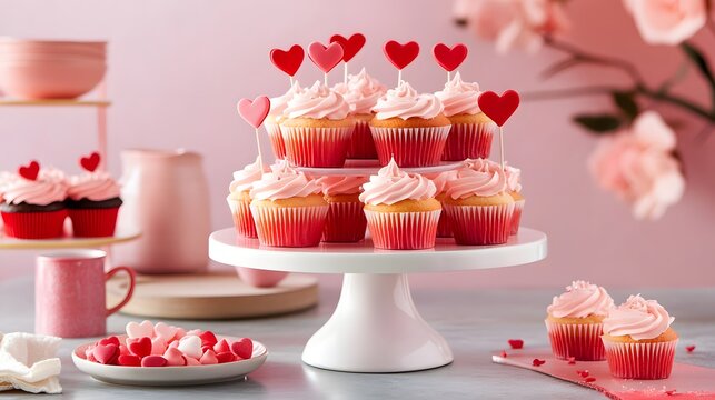 Pink and red cupcakes with heart toppers displayed on a dessert stand