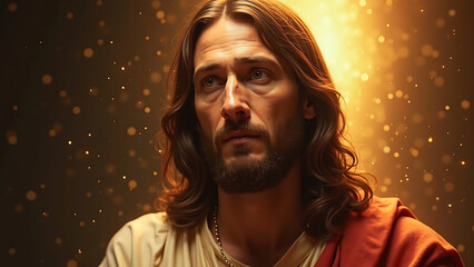 Portrait of Jesus Christ with Dramatic Lighting, Detailed Expression, and Heavenly Glow in Renaissance Oil Painting Style , Easter