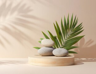 Serene Stones and Palm Leaves on Wooden Display, Peaceful Zen Atmosphere, Relaxing Spa Setting, Tranquil Nature Scene, Minimalist Design