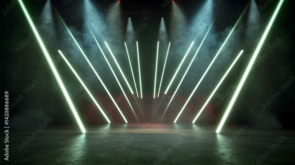 Poster a dark stage is illuminated by multiple green laser beams emanating from various points, creating a 