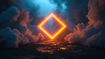 Glowing orange square neon light amidst dark clouds and smoky ground