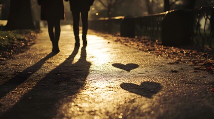 Romantic walk in the park with heart-shaped shadows cast on the path