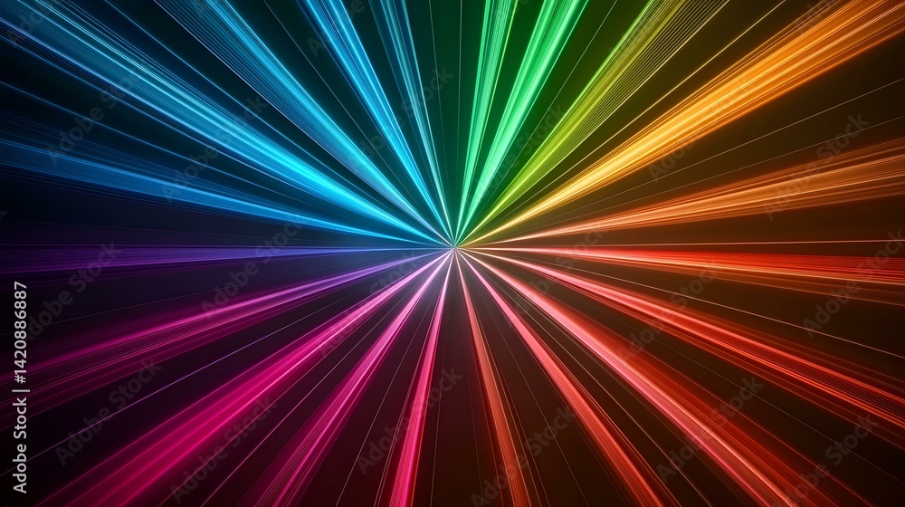 Poster the image contains a burst of vibrant, radiating lines of light in a rainbow spectrum, emanating fro