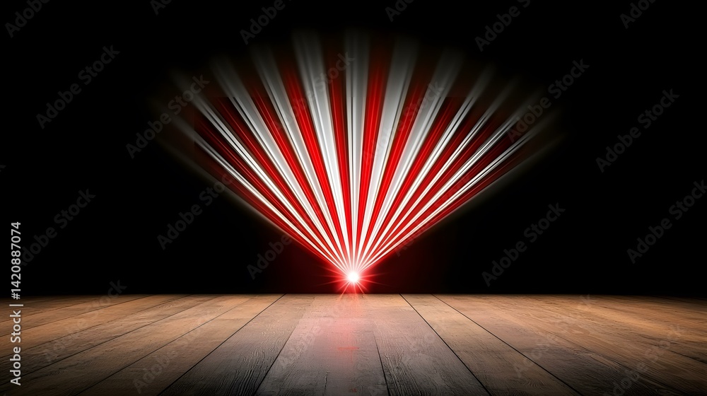 Poster a dark wooden floor is illuminated from above by a spotlight creating a radiating effect of red and 