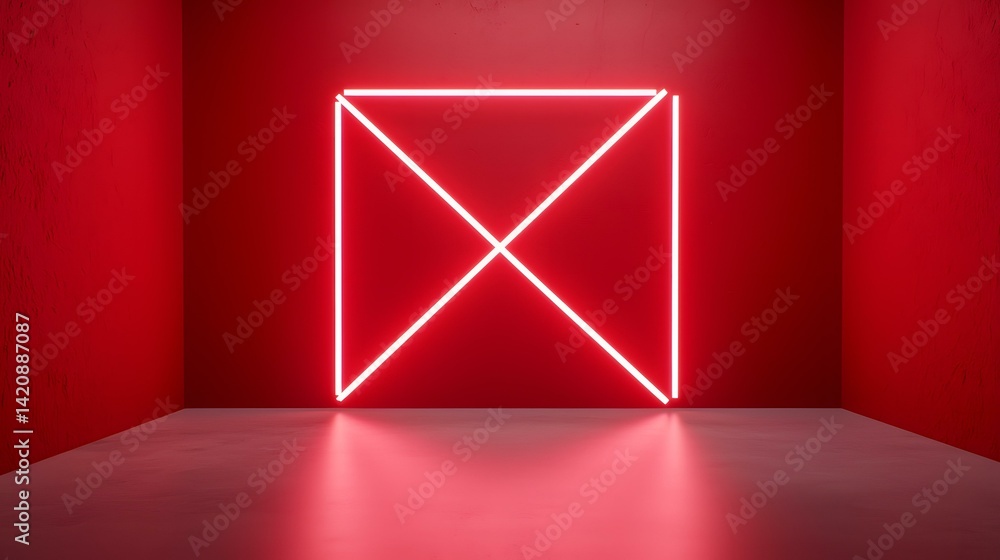 Poster a bright red room features a square neon light installation with intersecting lines, casting a glow 
