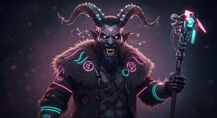 Cyberpunk Krampus Festive Digital Art 3D Render Neon Lights