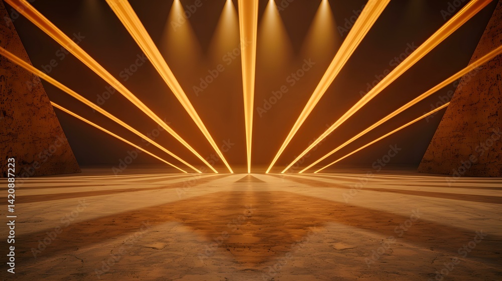 Poster the image shows a dimly lit room with a textured floor and walls. multiple vibrant orange light beam