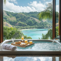 two-person luxury tub with a floating breakfast tray and view of a tropical bay.
