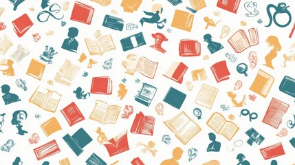 Obraz premium Colorful Pattern of Books and Silhouettes for Creative Design Projects