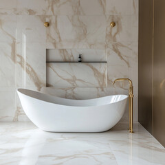 luxurious freestanding bathtub in a minimalist white marble bathroom with gold fixtures.