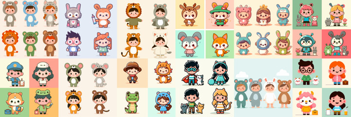 collection of cute cartoon character in animal costume