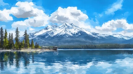 Mountains mirror Snowy peaks meet lakes embrace under summer clouds