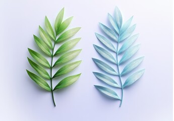 Two stylized leaf sprigs, one green, one blue, on a light background