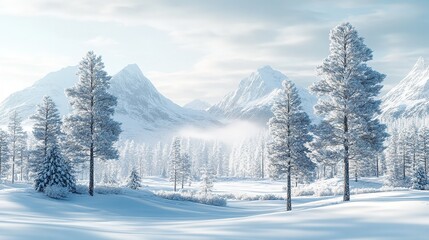 Beautiful winter landscape on a cold day. A trodden path leads across the snow-covered lawn to the high mountain peaks, with trees surrounded by snowdrifts.