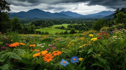 Fototapeta premium Colorful meadow blooms with mountains in the distance. Lush green foliage, vibrant wildflowers, and a dramatic sky