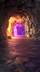 Cave tunnel, vibrant colors, glowing passage