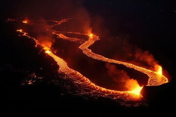 Lava flows at night